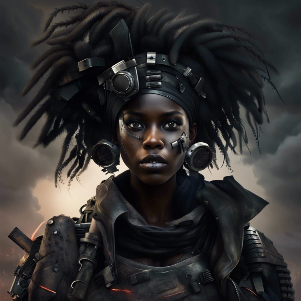 Black woman, AI bot, human like, apocalyptic background, bea...