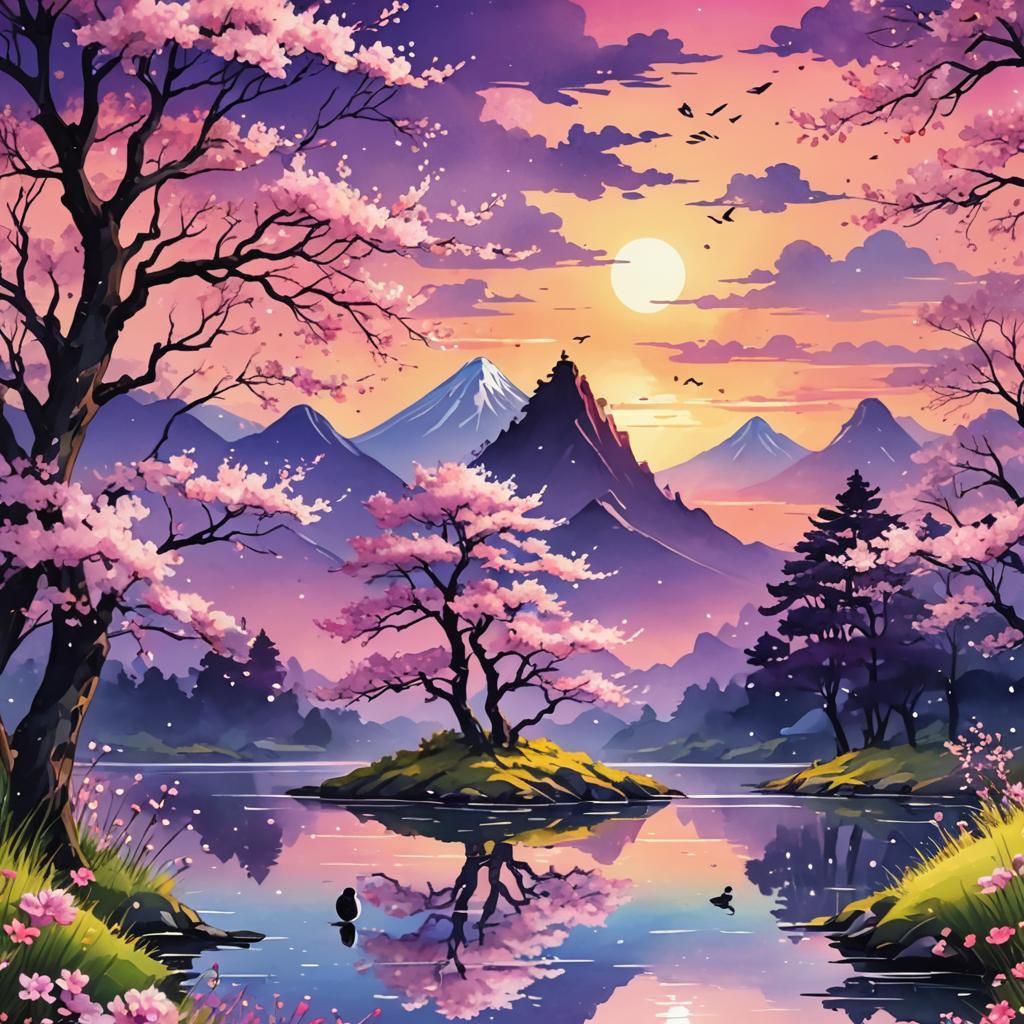 image of a vibrant grassy flowery plain with cherry blossom ...