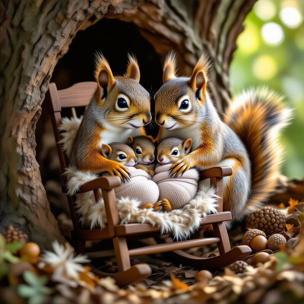 A heartwarming, photorealistic woodland scene inside a cozy squirrel nest nestled high in an old oak ...  by @Tomazi