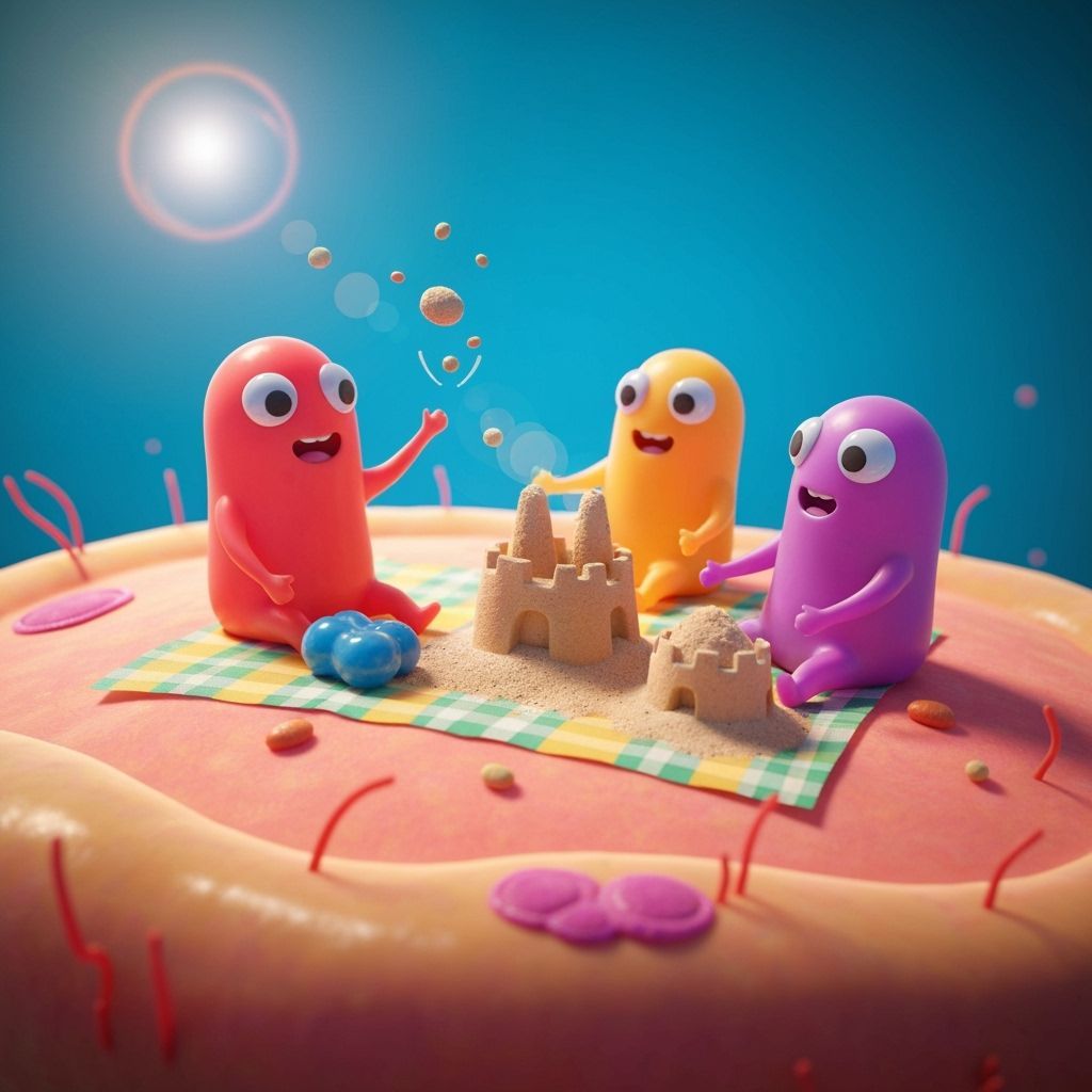 Photorealism, A group of cheerful, blob-like microbes with googly eyes are having a vibrant picnic on a giant, stylized cell. One microbe is...