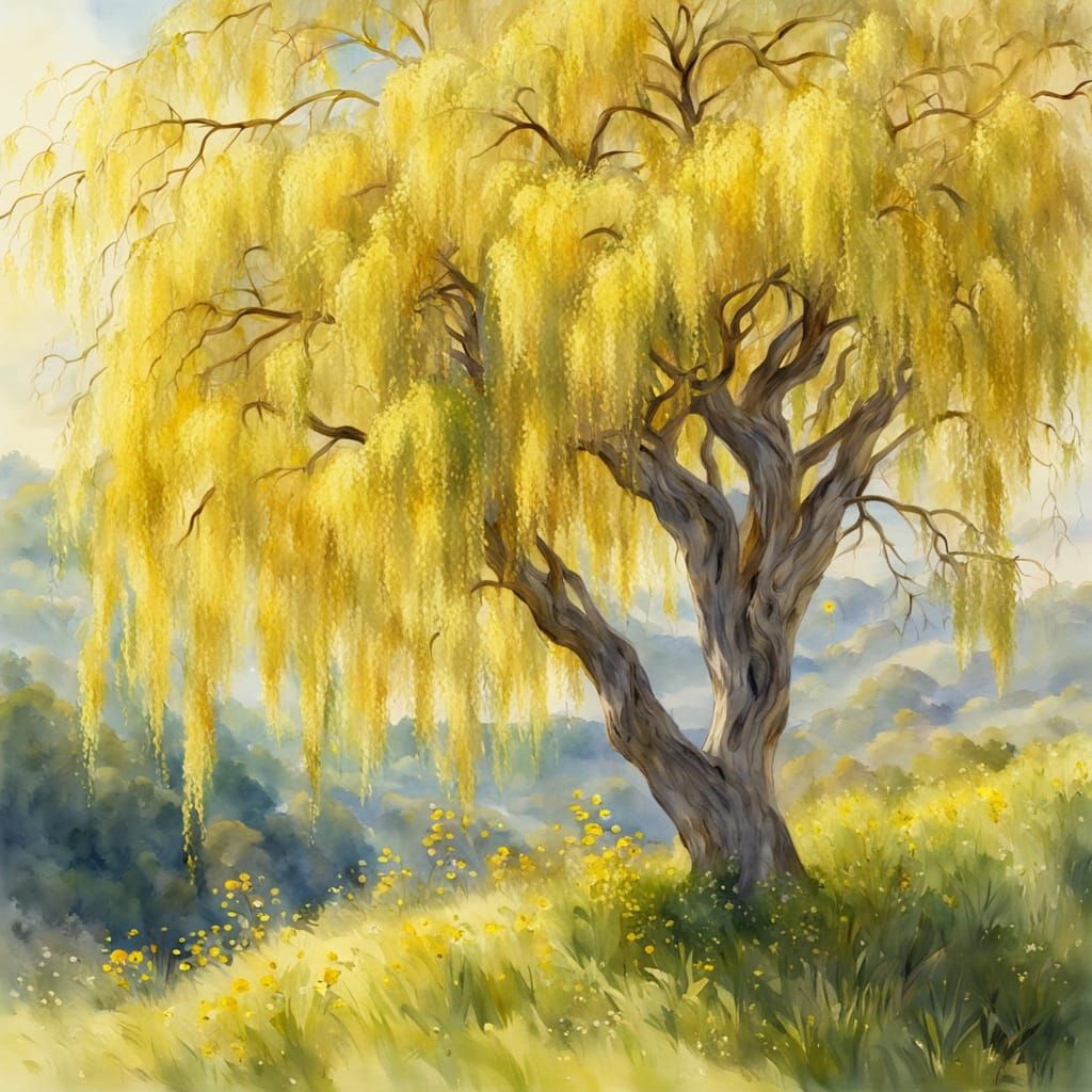 A weeping willow  on a beautiful hill side with yellow  flowers onThe  hillside  watercolor 8k resolution ...  by @eileenMcC
