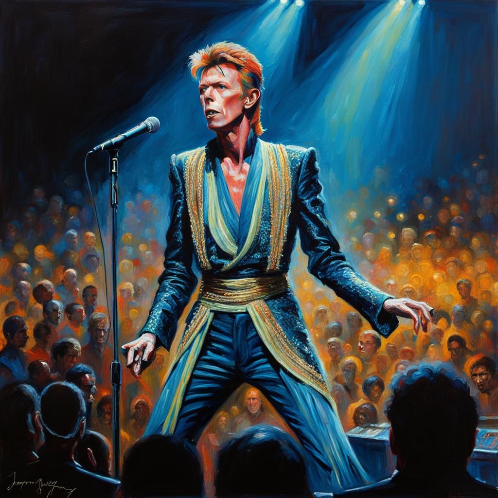 David Bowie on stage at concert in his most famous , outrageus outfit with neon lighting  by @rallyman