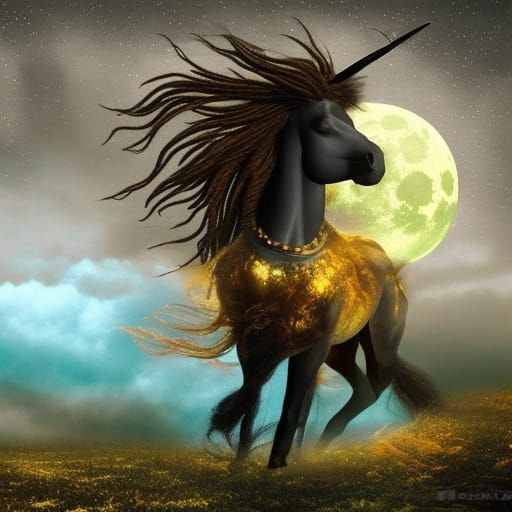 3D beautiful black whimsical galloping gold horn unicorn wit...