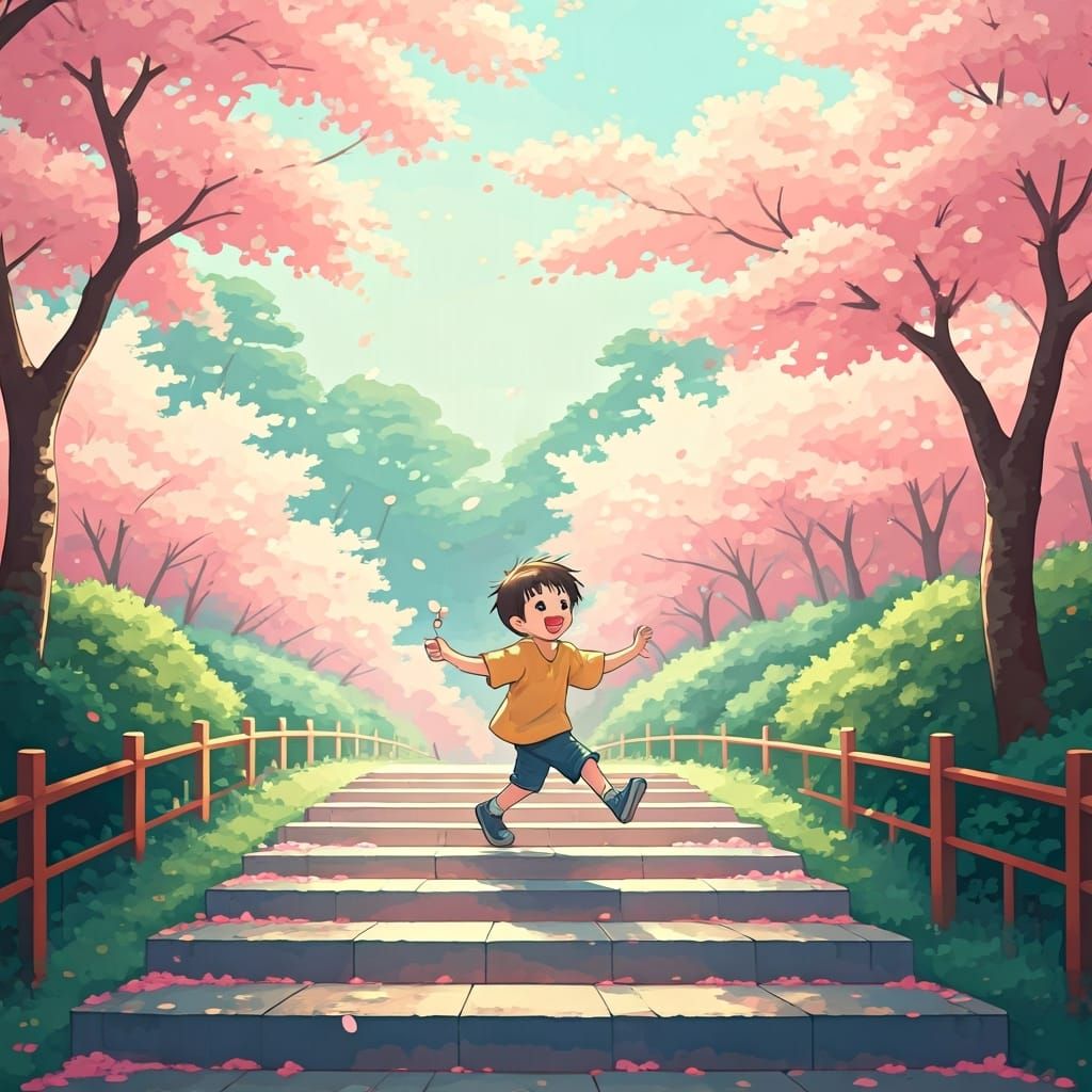 Boy Catches Cherry Blossom in Anime Style