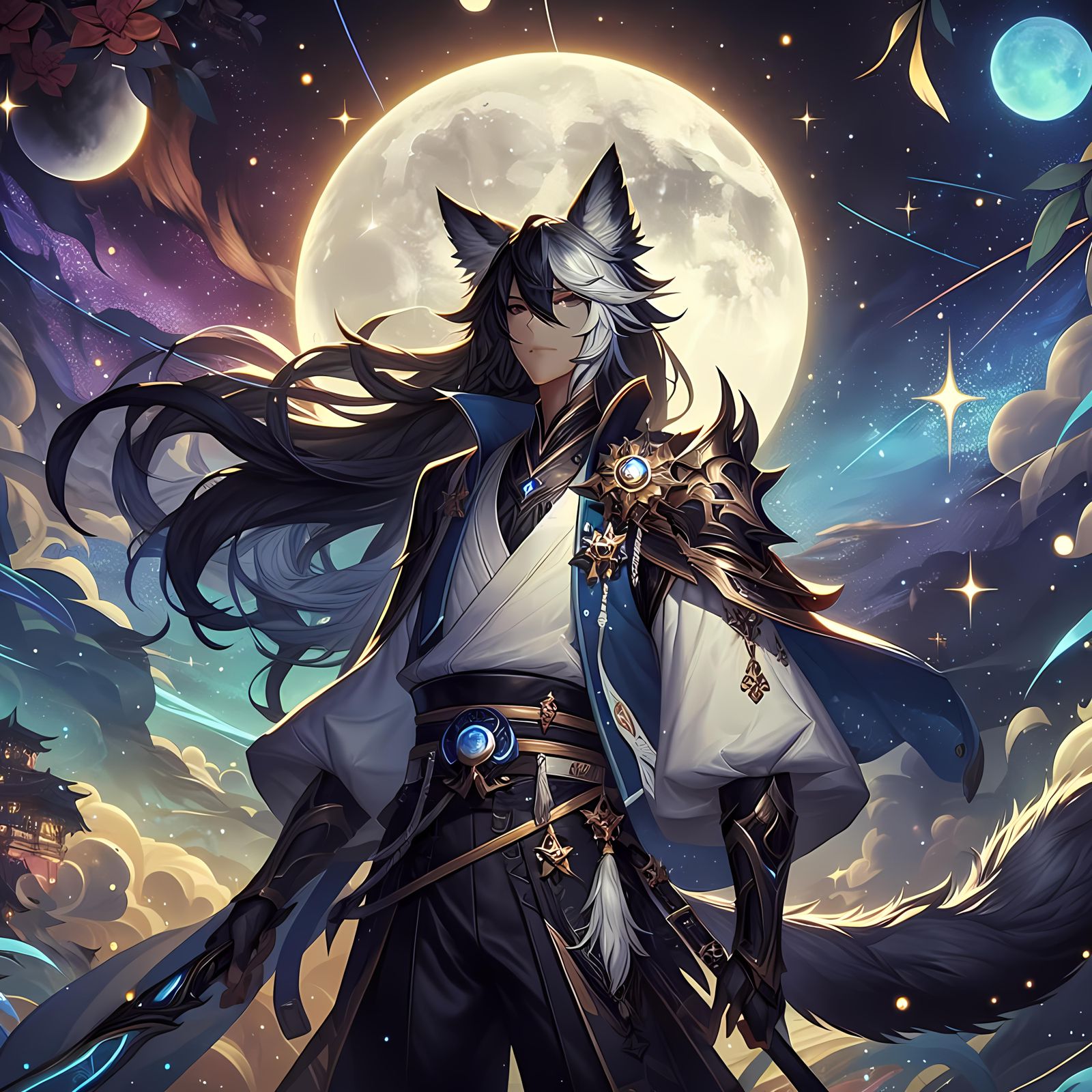 Anime Wolfgirl in Starry Fantasy Landscape
