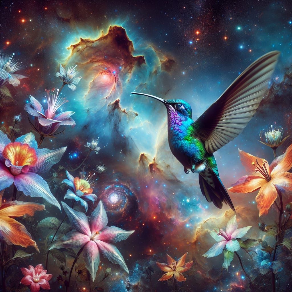 A beautiful hummingbird surrounded by flowers, nebulas,  dark sky- open prompt