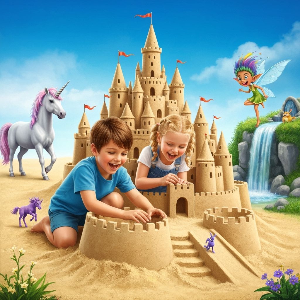 Children Building Sandcastle with Fantasy Creatures