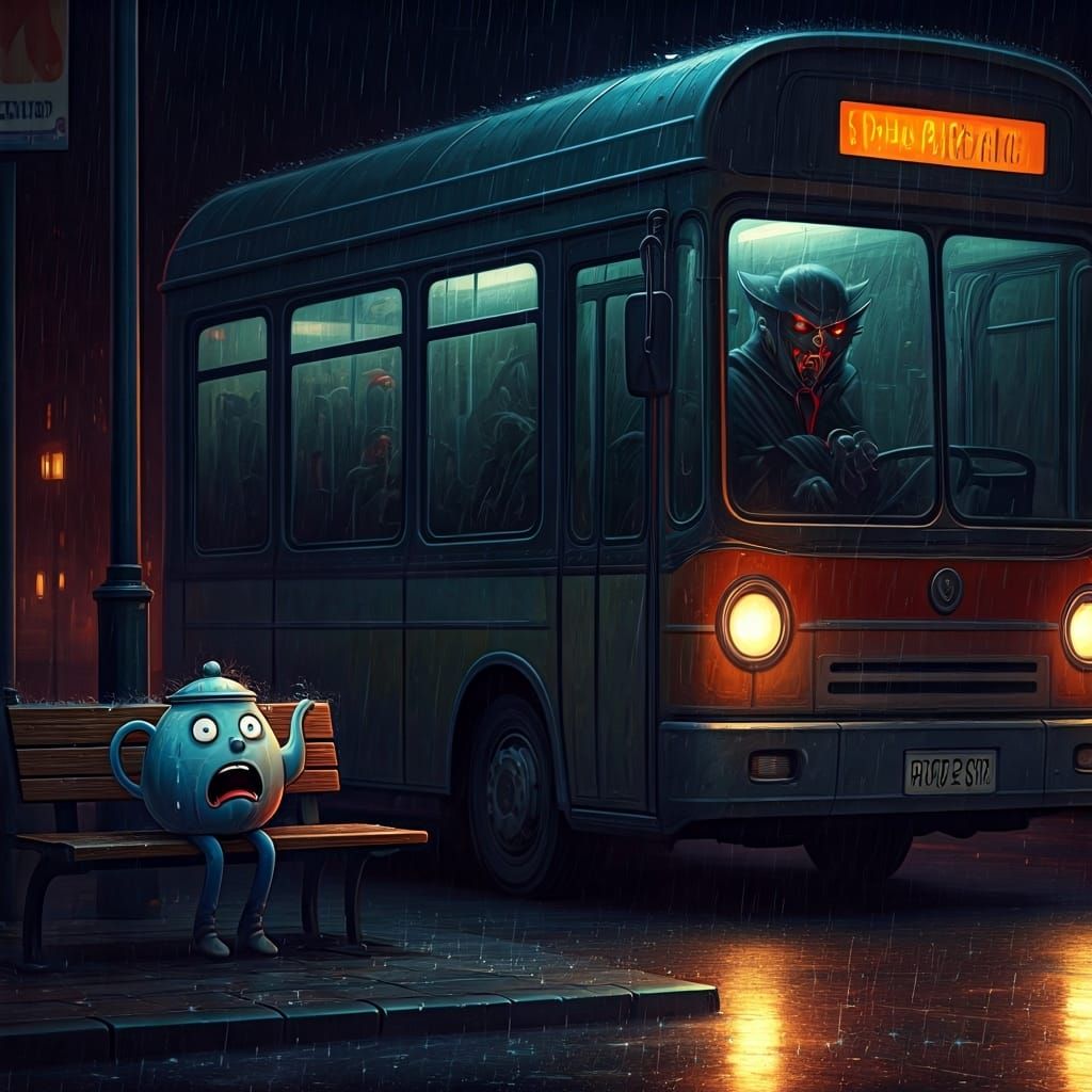  at a bus stop a wet and terrified teapot sits on a bench screaming, when he sees the driver inside of the bus is a vampire 