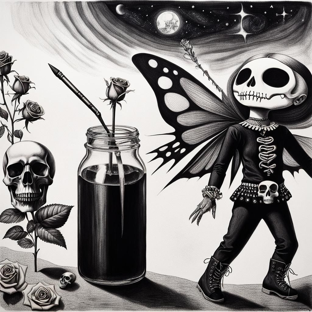 Kids Crayon drawings ,surreal (child's drawing )of a goth wo...