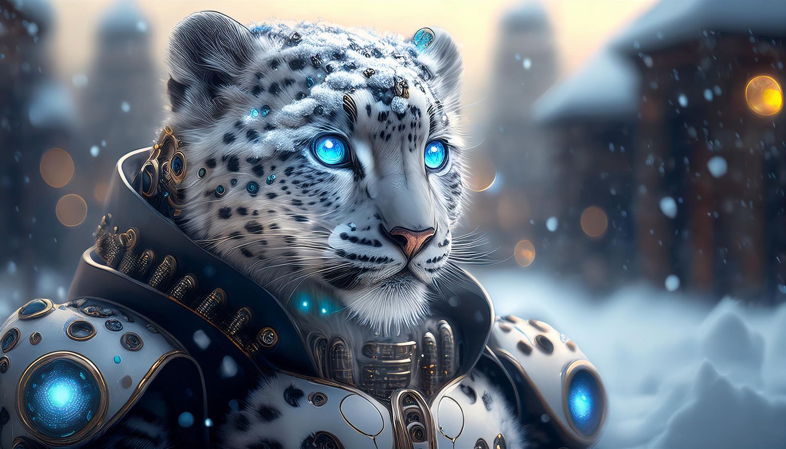 Baby snow leopard and bipedal cyborg body