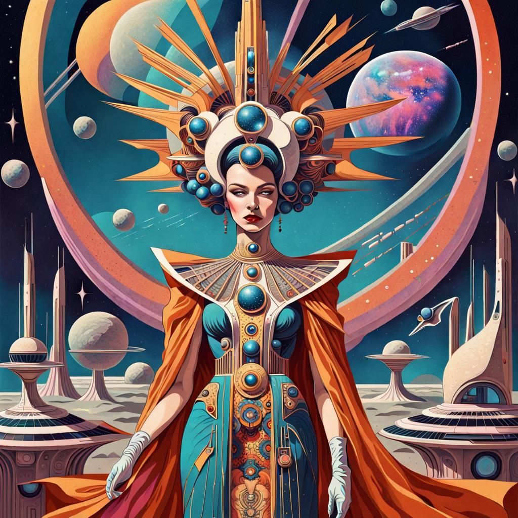 cosmic empress maximalist retrofuturism artwork   by @JavilWoo