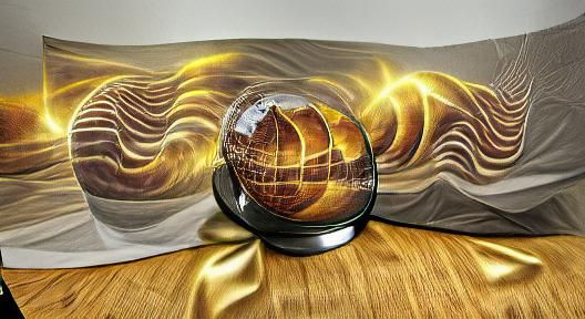 golden sine wave rotating around silver globe; glossy finish...