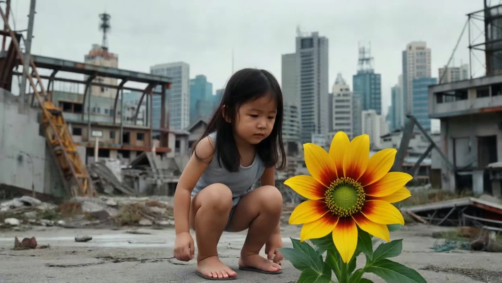 A three-year-old girl stands in a monochromatic urban post-apocalyptic scene. Everything in the background is in blacks,...