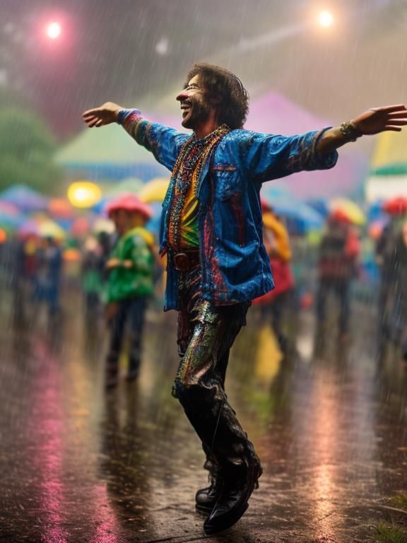 <lora:Joyful:1.0> Dancing in the rain at Woodstock, hyper detailed, focus on the face