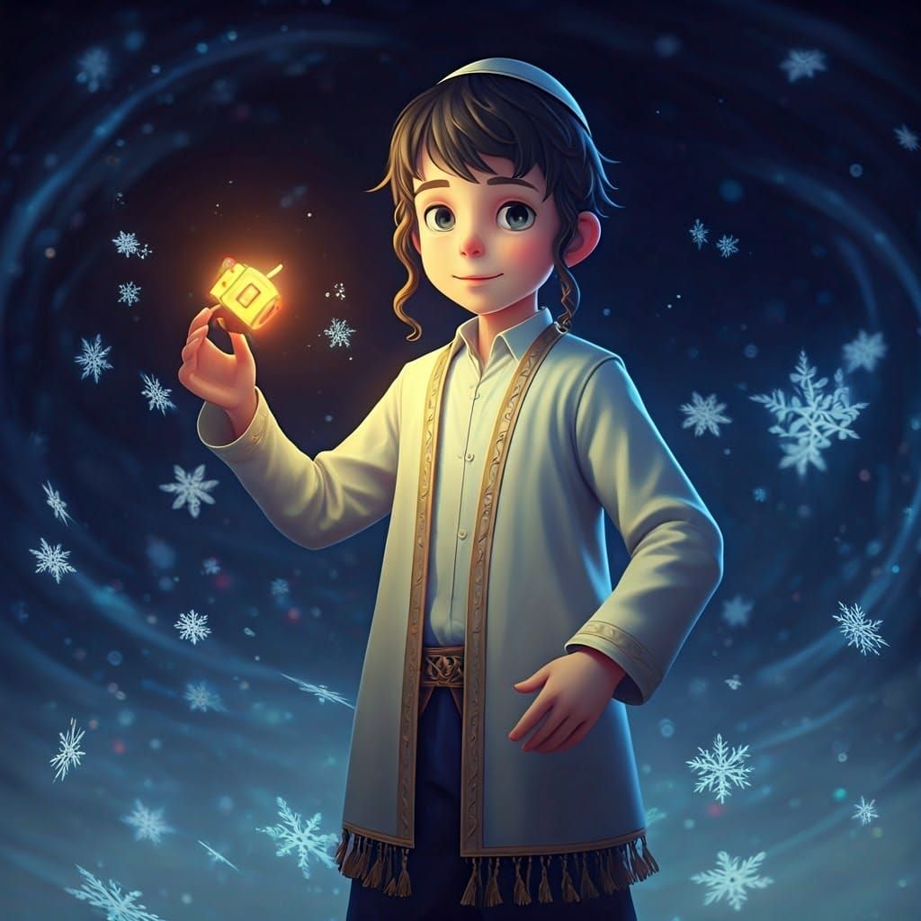 Whimsical Dreidel Scene in Traditional Jewish Attire