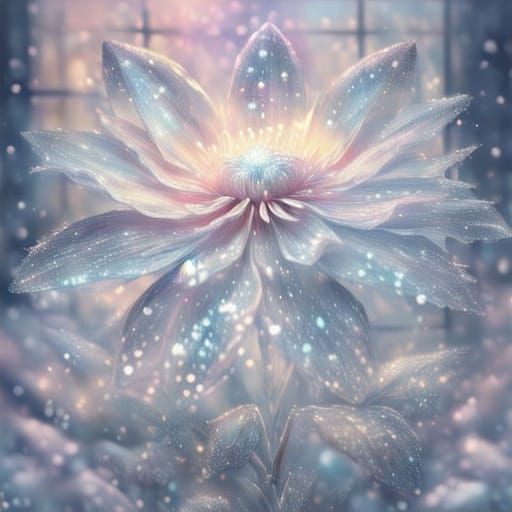 <lora:Flowers:1.0> Delicate ice flowers bloom on a frozen windowpane, their crystalline petals catching the soft glow of dawn. Frost pattern...