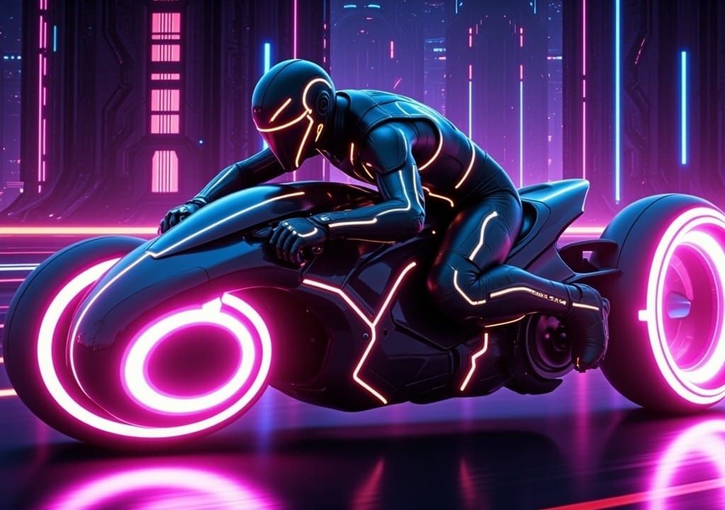 Insanely detailed screen capture from the 2010 movie "Tron: Legacy". By Joseph Kosinski :: Dylan Cole; Character riding lightcycle. 3D motor...