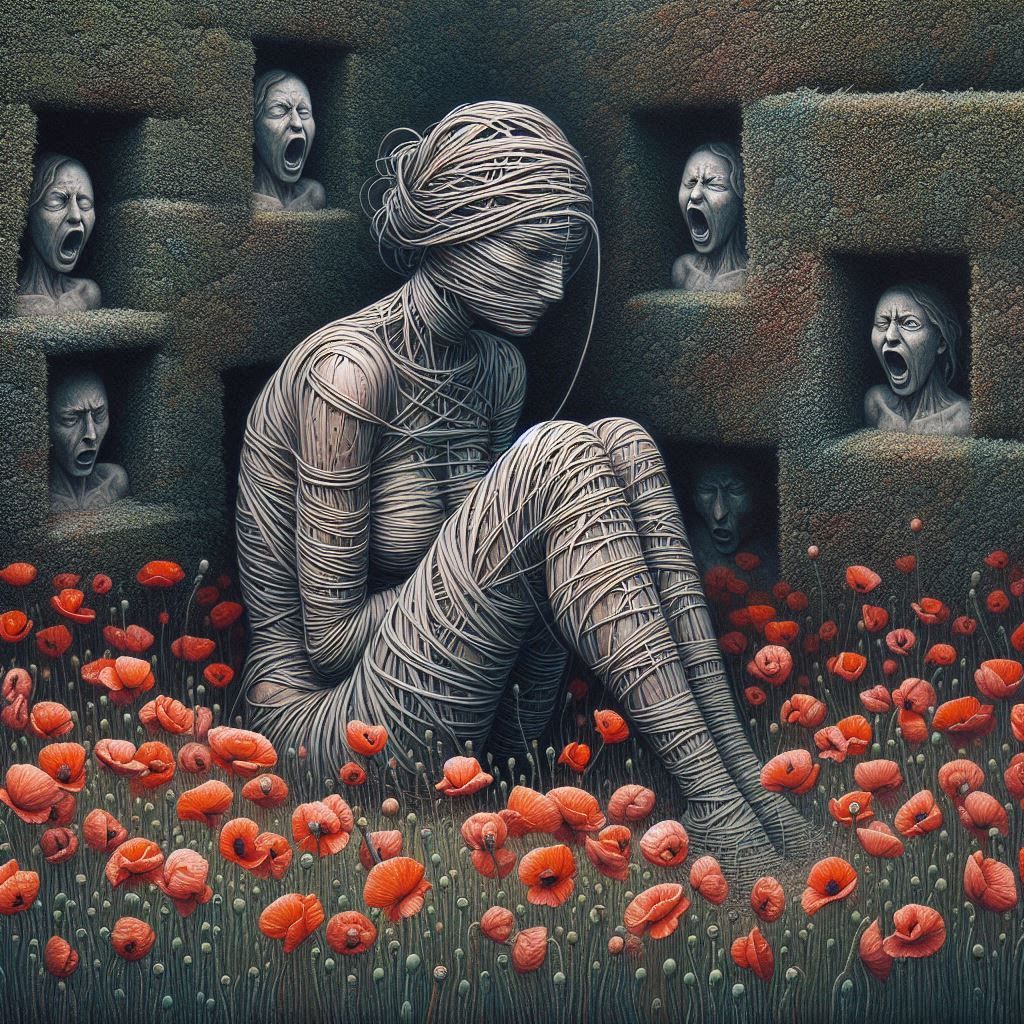 A surreal image of a woman constructed from strings in a hedge maze. The artwork features muted colors and distorted for...