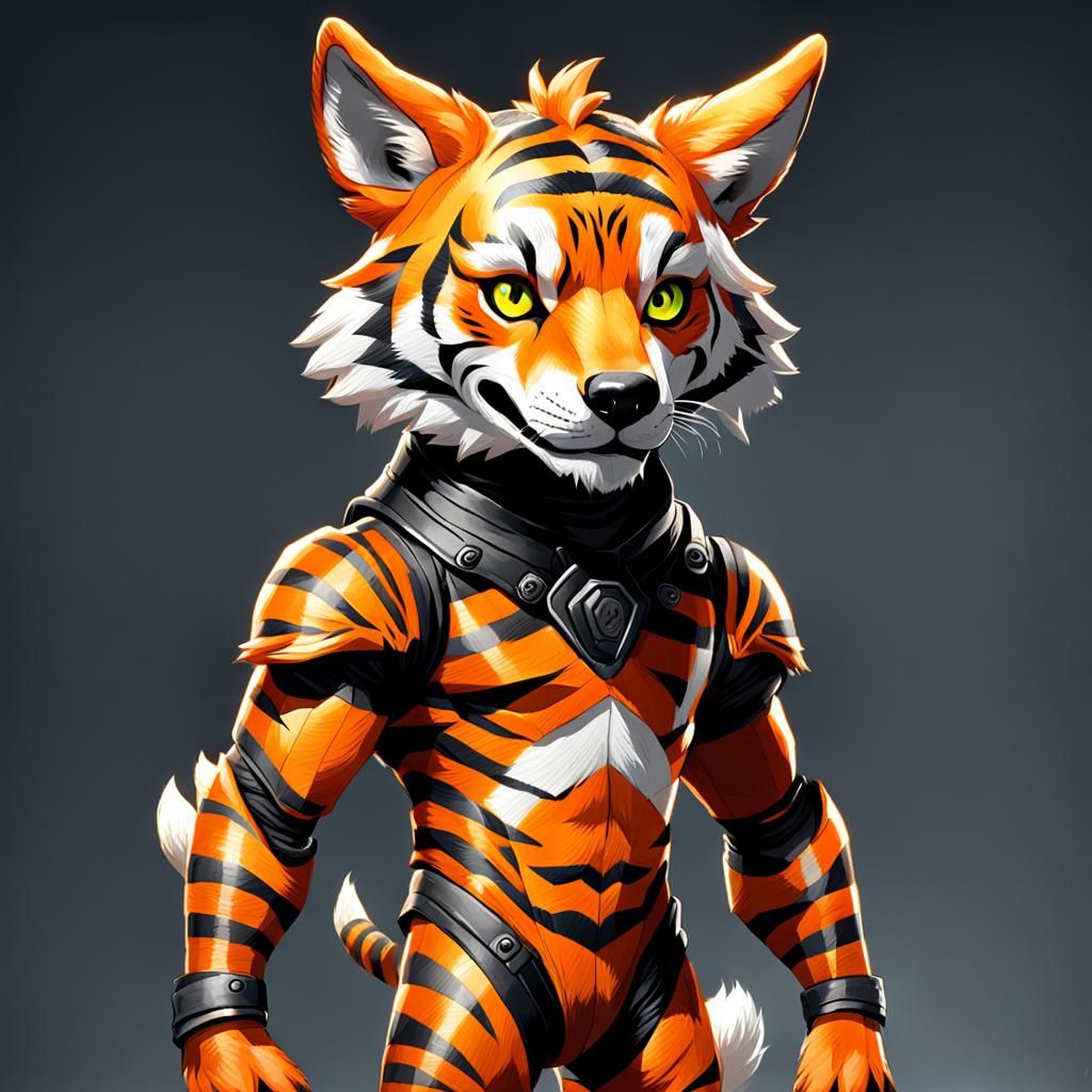 A nine year old anthropomorphic striped orange  wolf-tiger