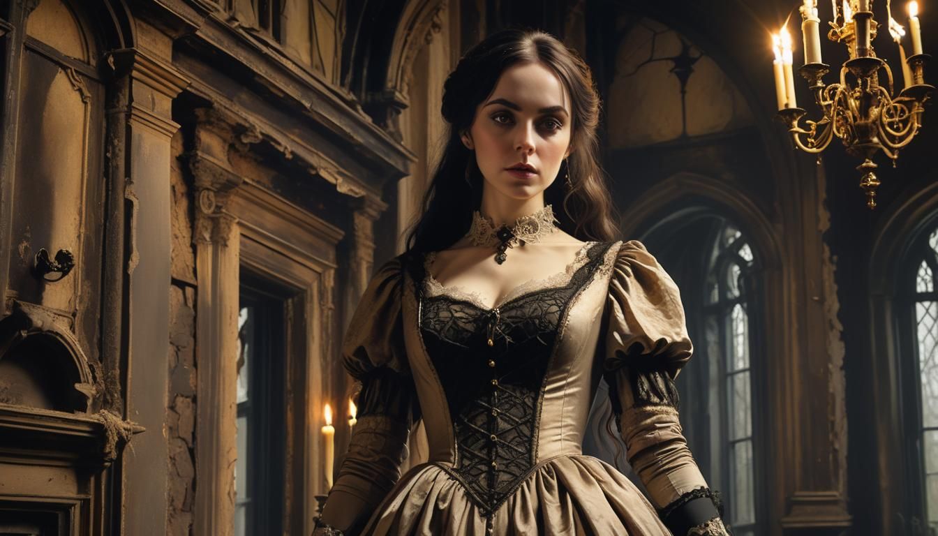 Gothic Woman in Crumbling Victorian Mansion
