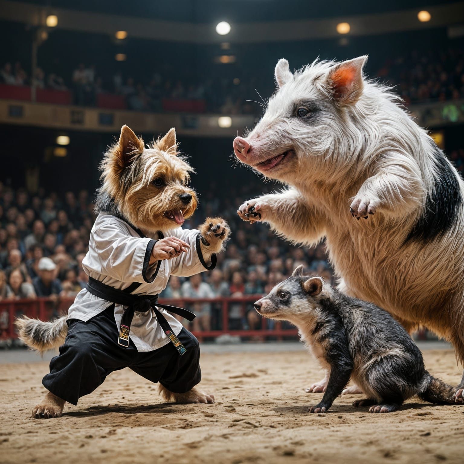 A yorkshire terrier in a kung fu match with a oversized white and black potbellied pig , a possum and raging red bull in an arena with spect...