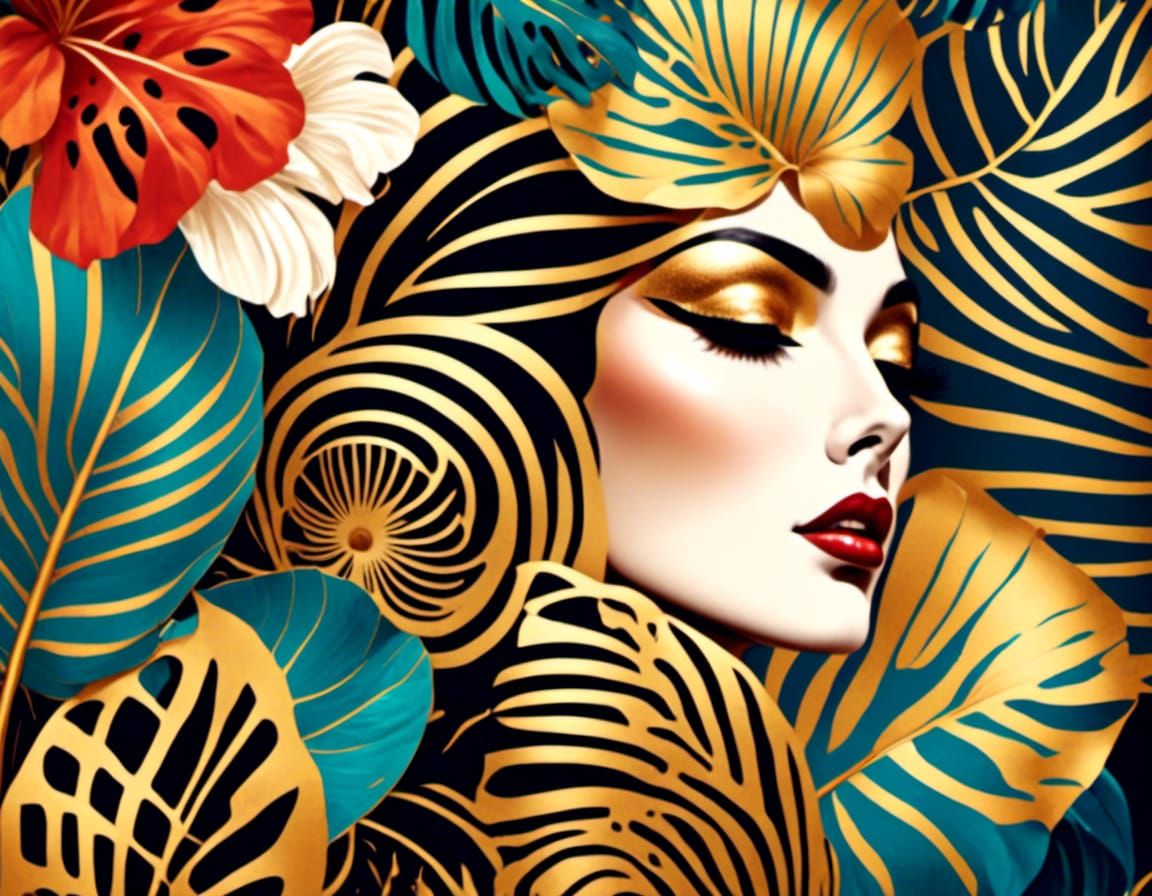 Abstract woodblock art boho botanical foliage fern monstera palm lily daisy lotus golden ratio pop art beautiful art nouveau retro vintage c...