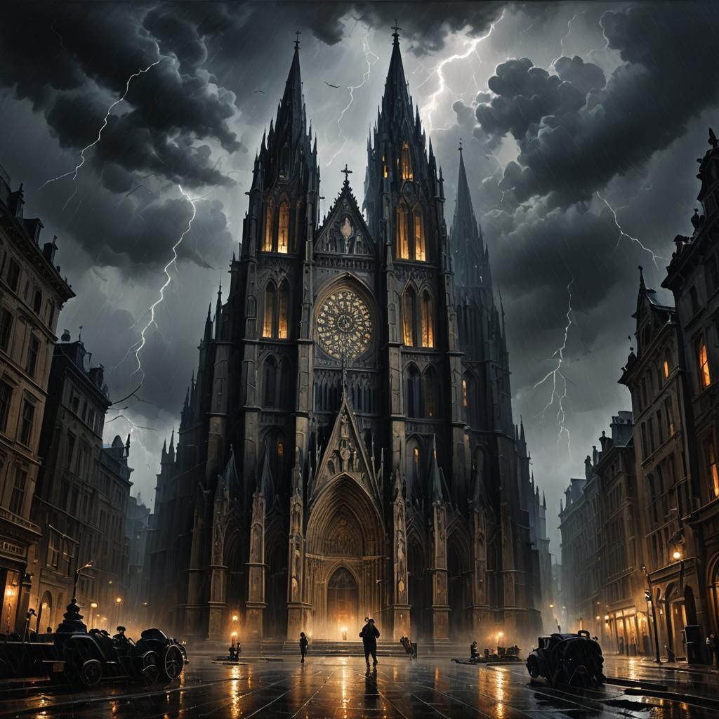 Painting of an Eerie gothic cathedral on a stormy night   by @Al_in_Tanzania
