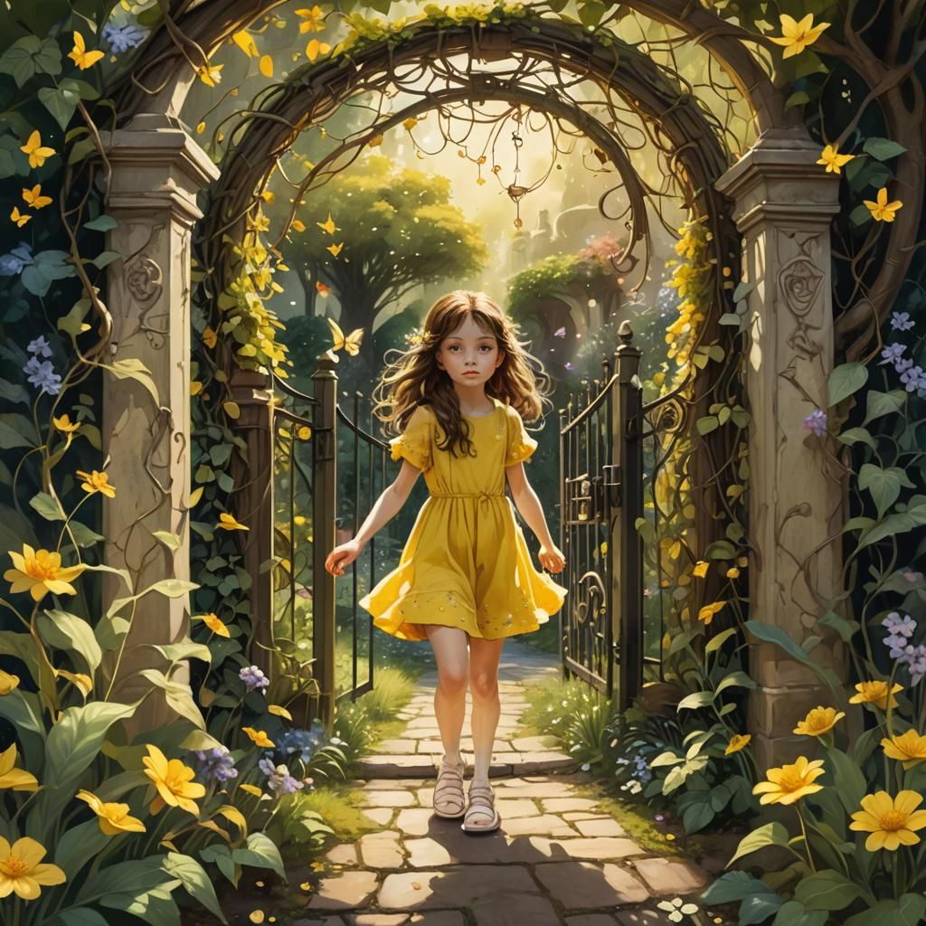 Girl Enters Whimsical Garden in Fantasy Art Style