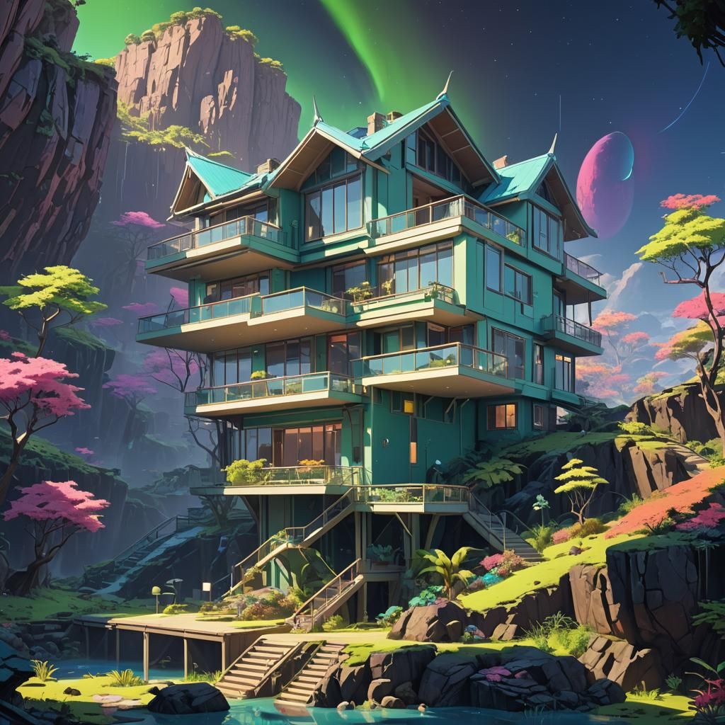 Hypermodern House with Dynamic Lighting in Anime Style