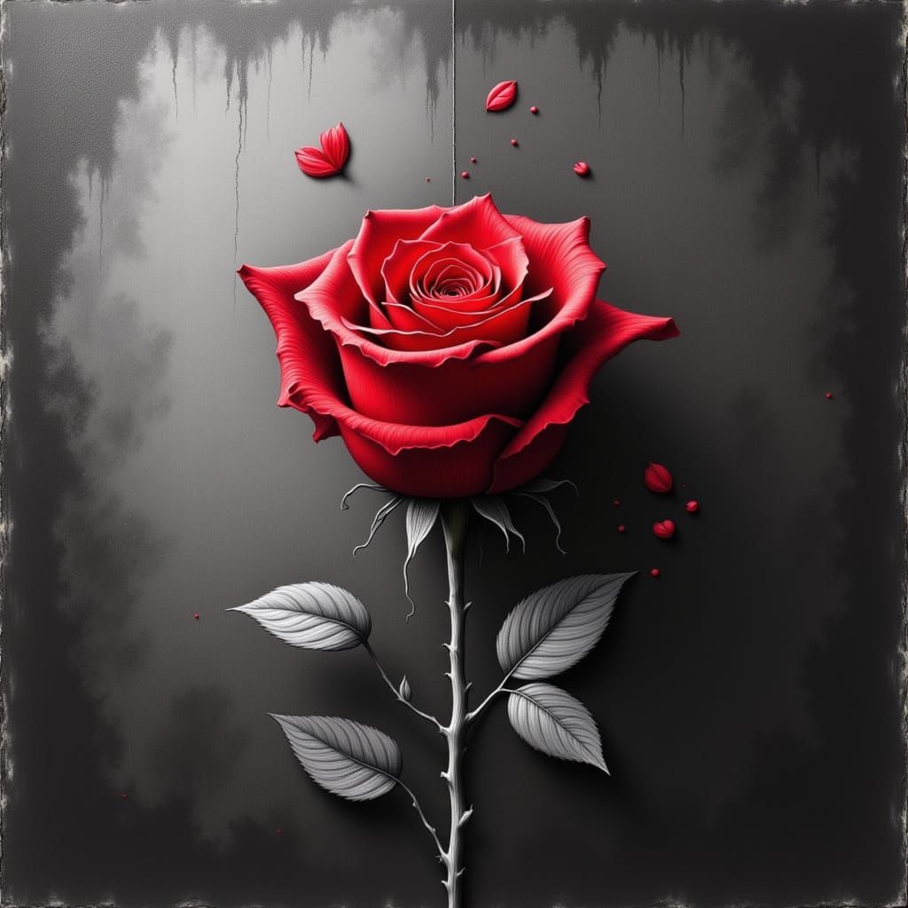 <lora:Graphite Rose 1:1.0> A red rose stands out as his  emotion against the graphite grayscale of forced identity ,