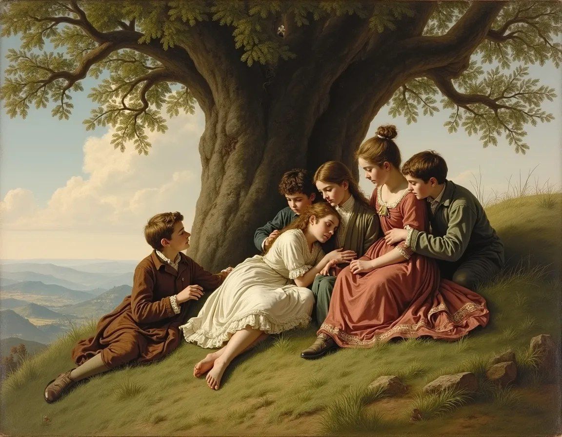Children are resting under a tree