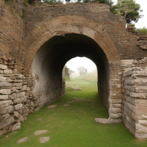 Ancient ruins with tunnel leading off into murky darkness