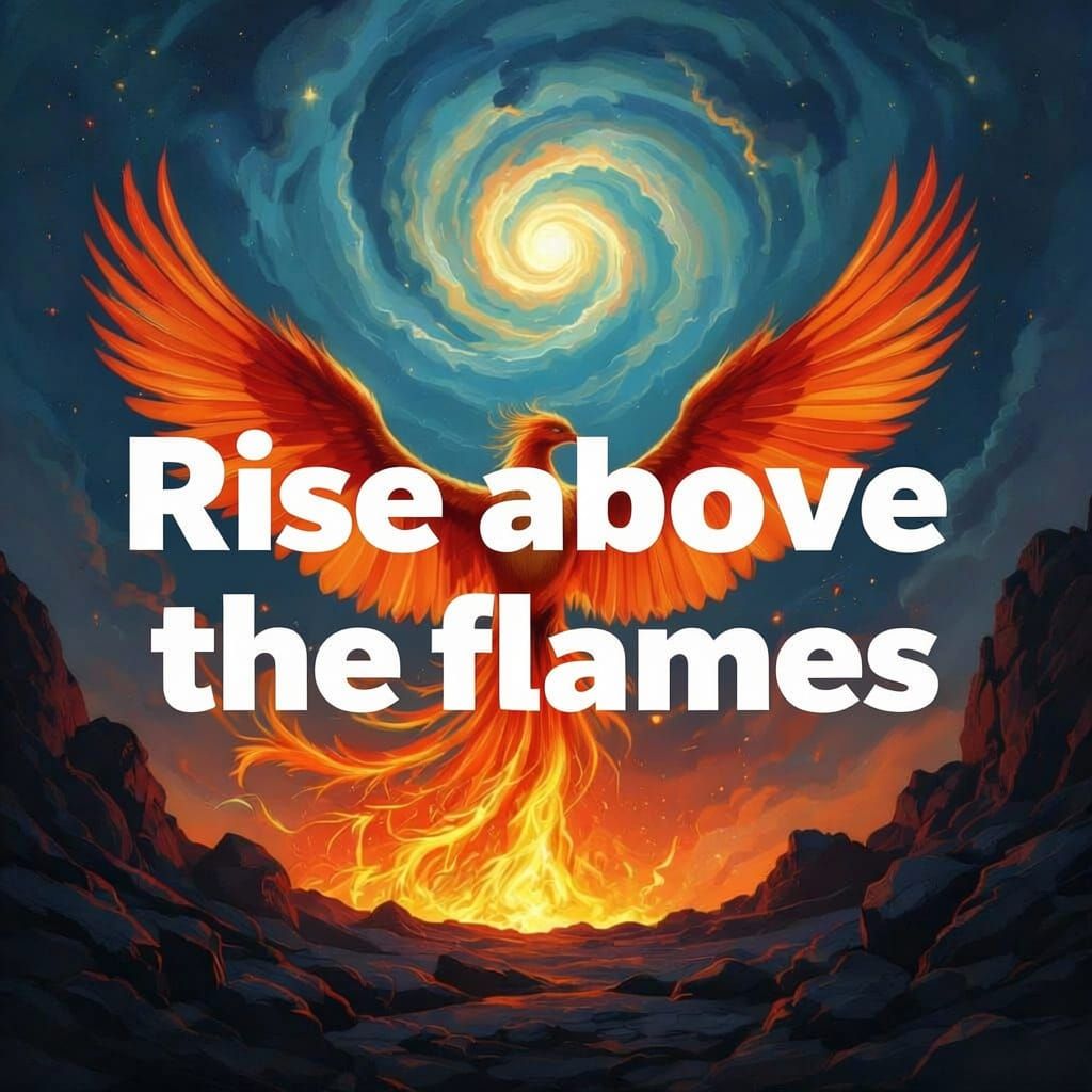 A majestic phoenix, wings spread wide, erupts from a molten caldera under a swirling nebula sky. The scene is rendered with the vibrant, imp...