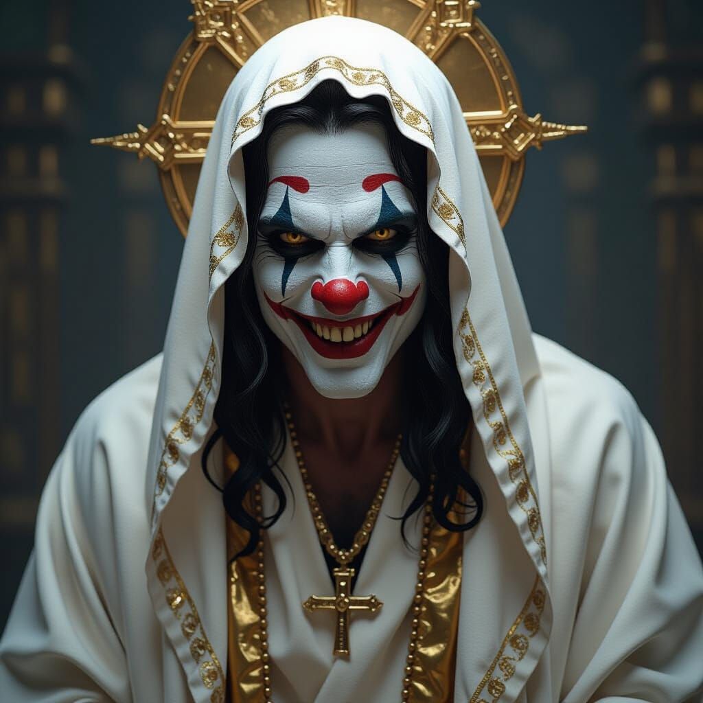 Menacing Clown in White Robe: Dark Art Style