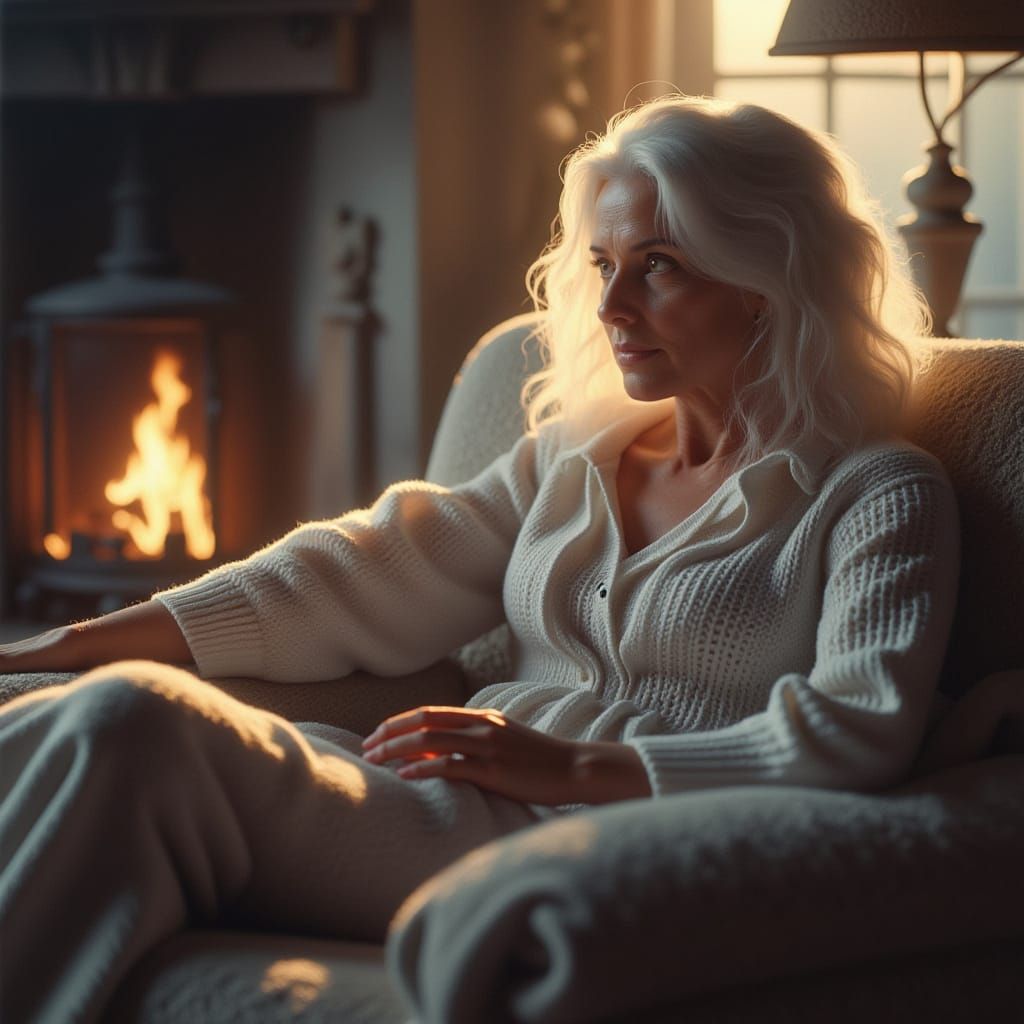 <lora:Blizzard:1.0> Digital Art : Portrait of a white haired woman. In a cozy interior. Chimney and Sofa. Early morning light
