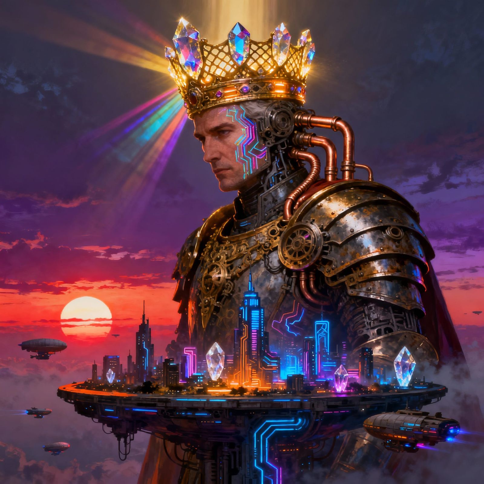 a sci-fi ruler with an elaborate artistically reimagined crystal  metallic steampunk energy crown  by @HereditaryWarlord