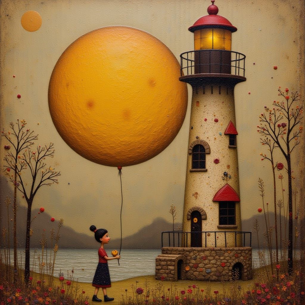 Double exposure, scrappunk giant yellow-gold enamelled metal surreal steampunk moon :: double exposure a scrappunk red and white surreal ste...