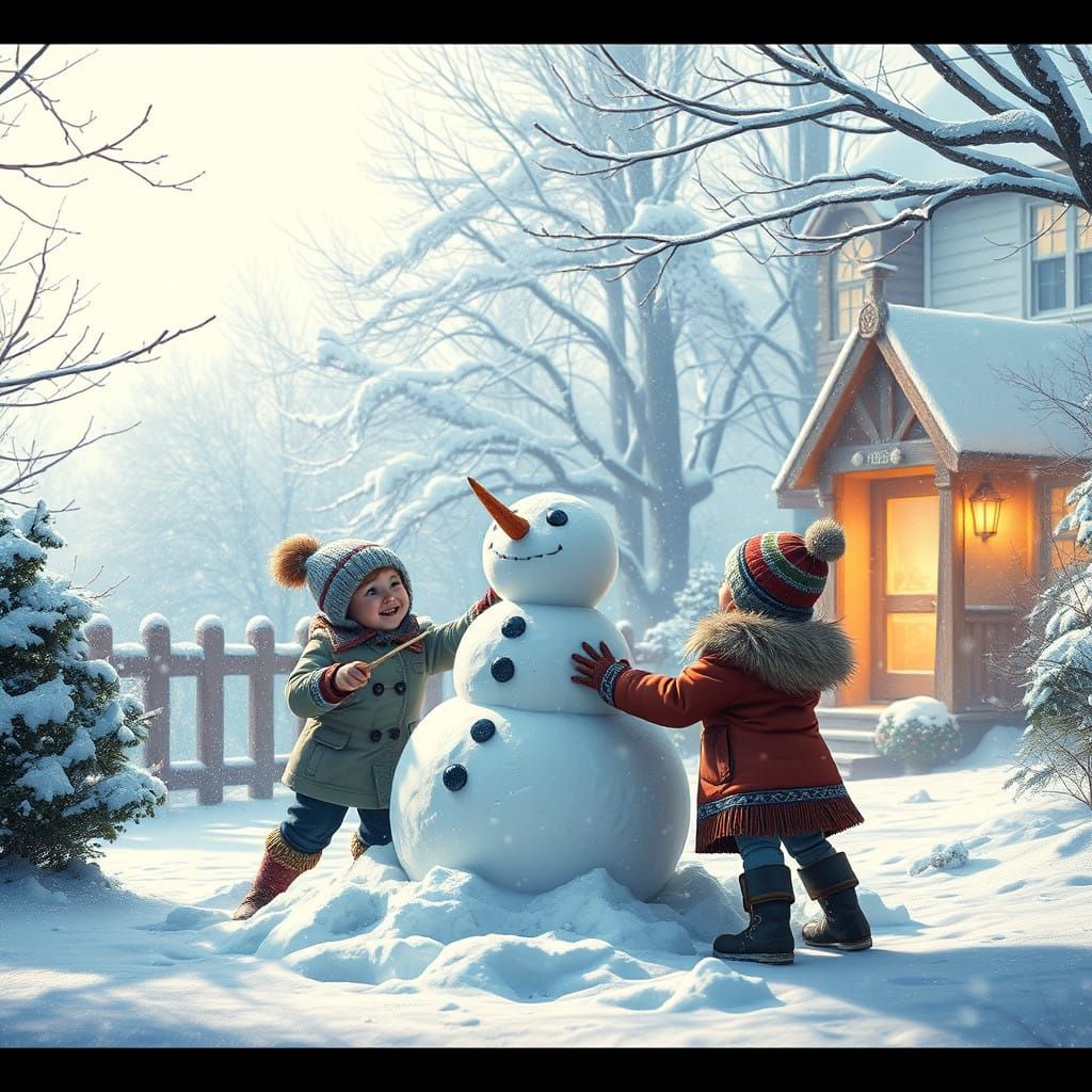 Hurray for the season, children are building a snowman in the snowy garden, they are happy, it is snowing ...  by @Mila K
