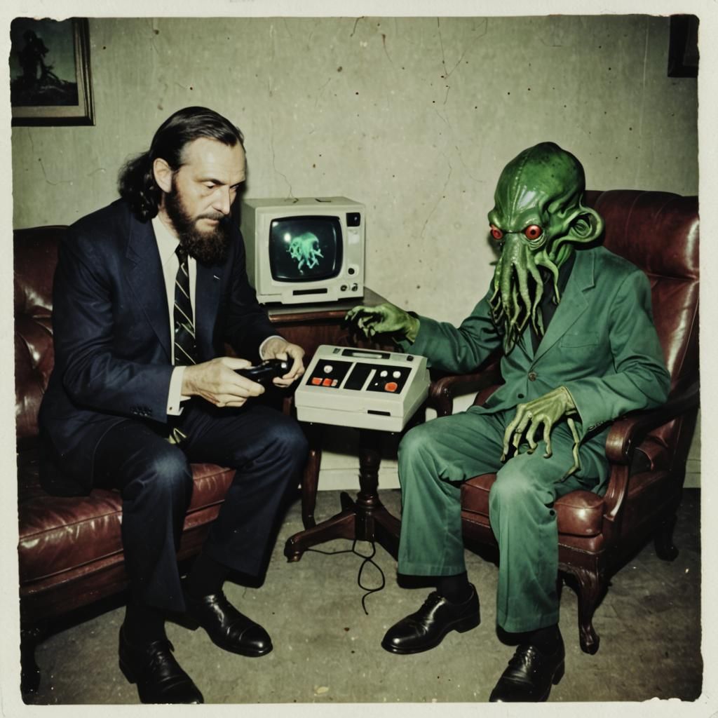 A Polaroid photograph of Cthulhu and Eldritch Abomations pla...