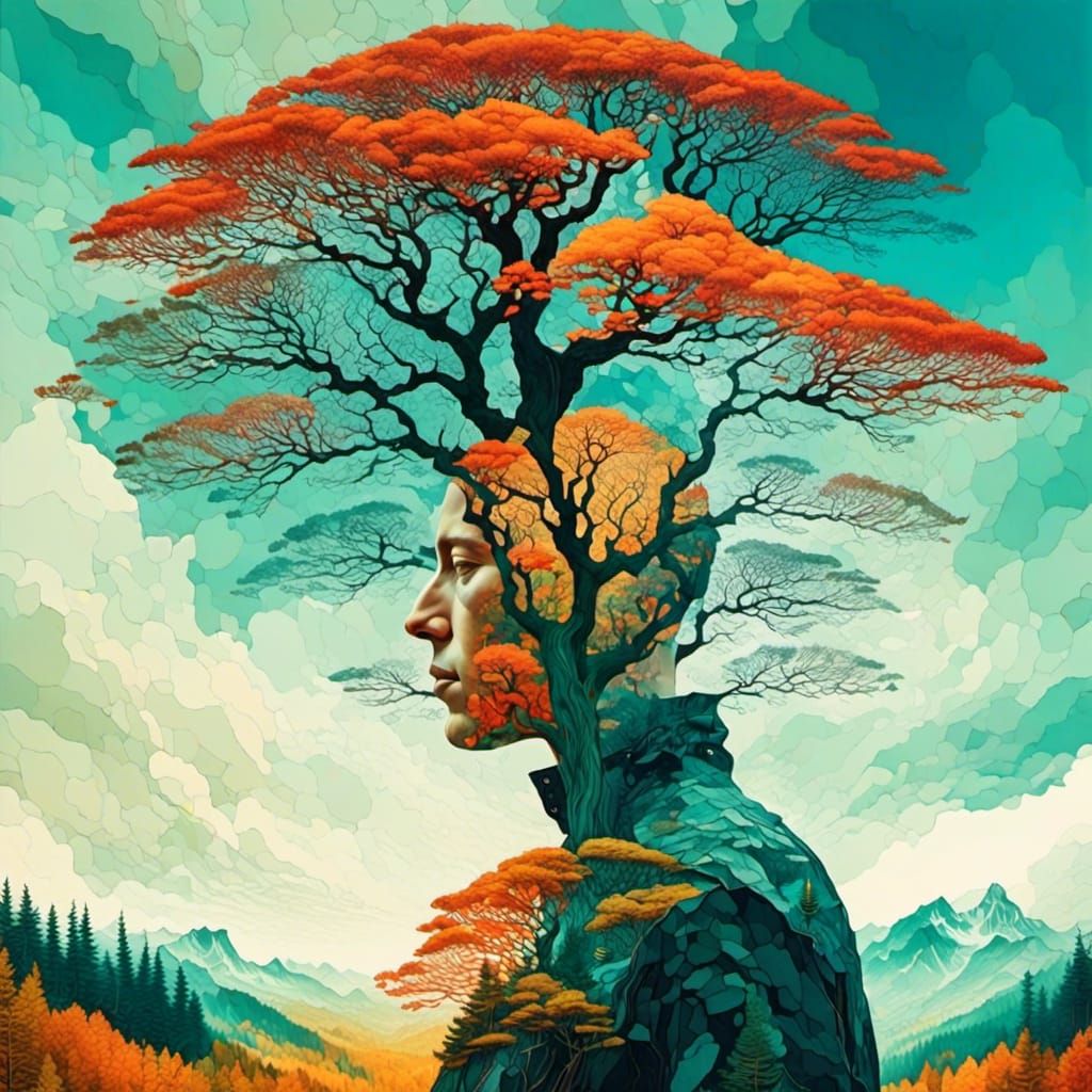 Person+tree, <lora:RDMagic:1.0> double exposure photography, Layered Inside, double exposure, merged Painterly styles by Photoshop, transpar...