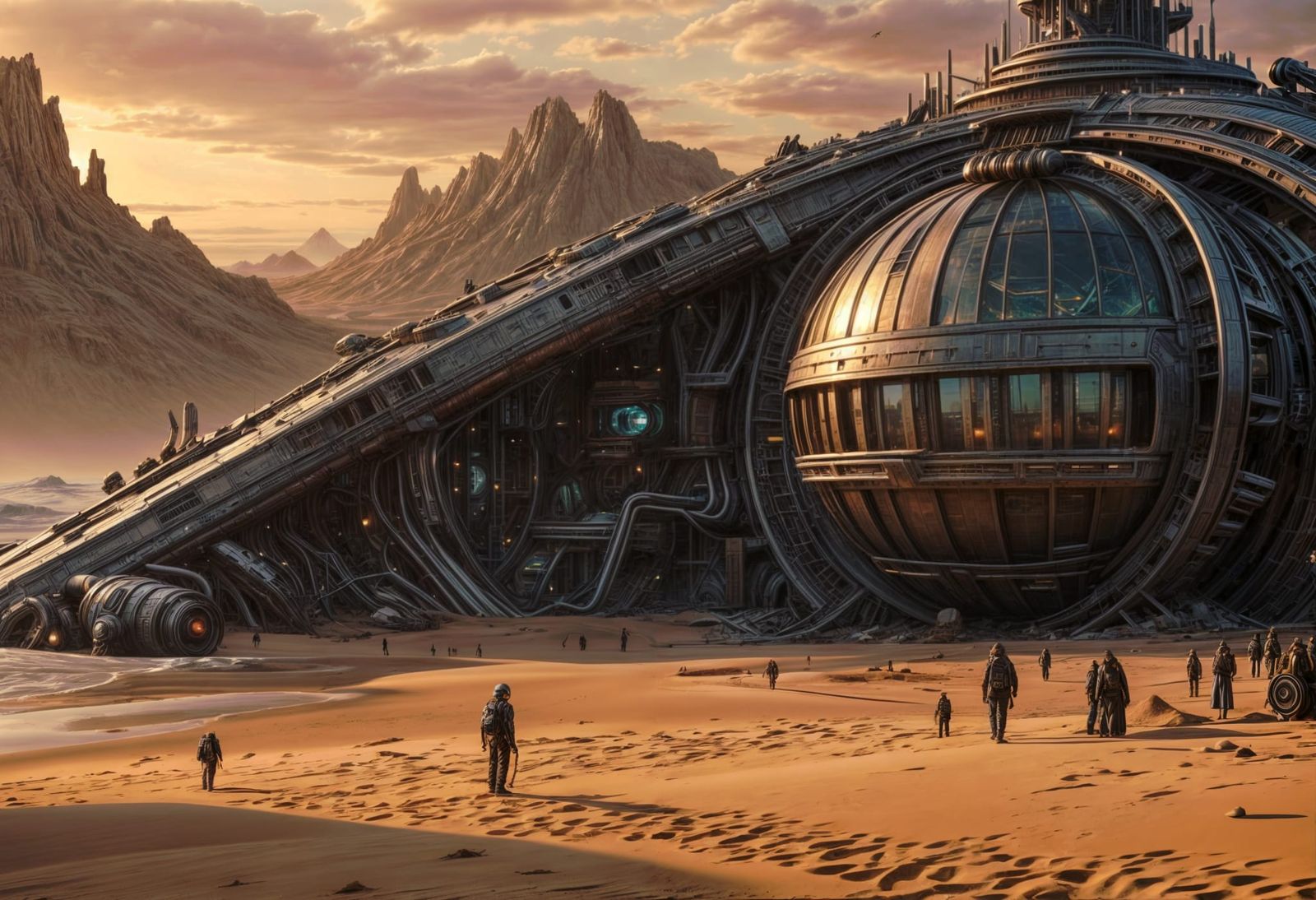 The image depicts a futuristic scene with a large, circular ...