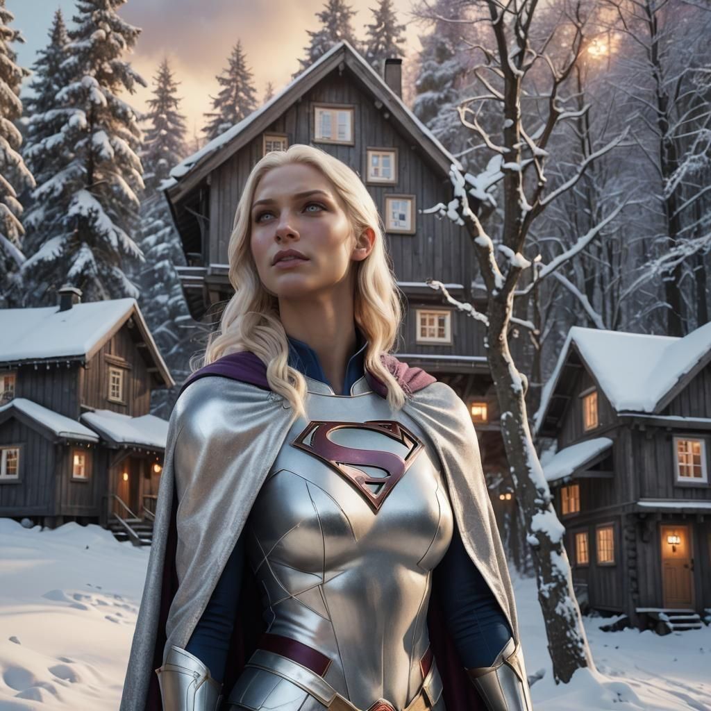 Concept art. Medium shot. Platinum blonde Supergirl with long hair in a silver outfit visits Oslo. Low-angle shot. Hyper-realistic with a de...