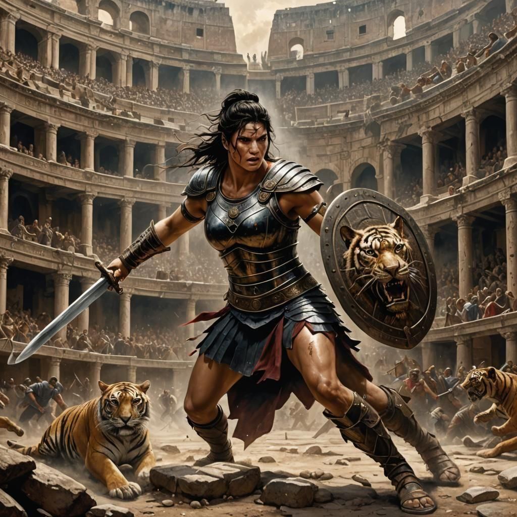 young Gina Carano Gladiator in Roman coliseum 