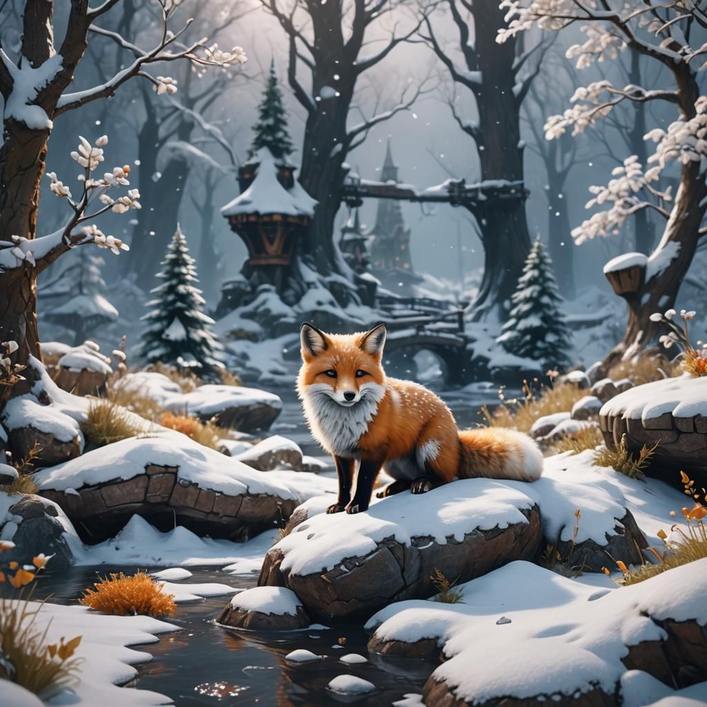 A cute snow fox