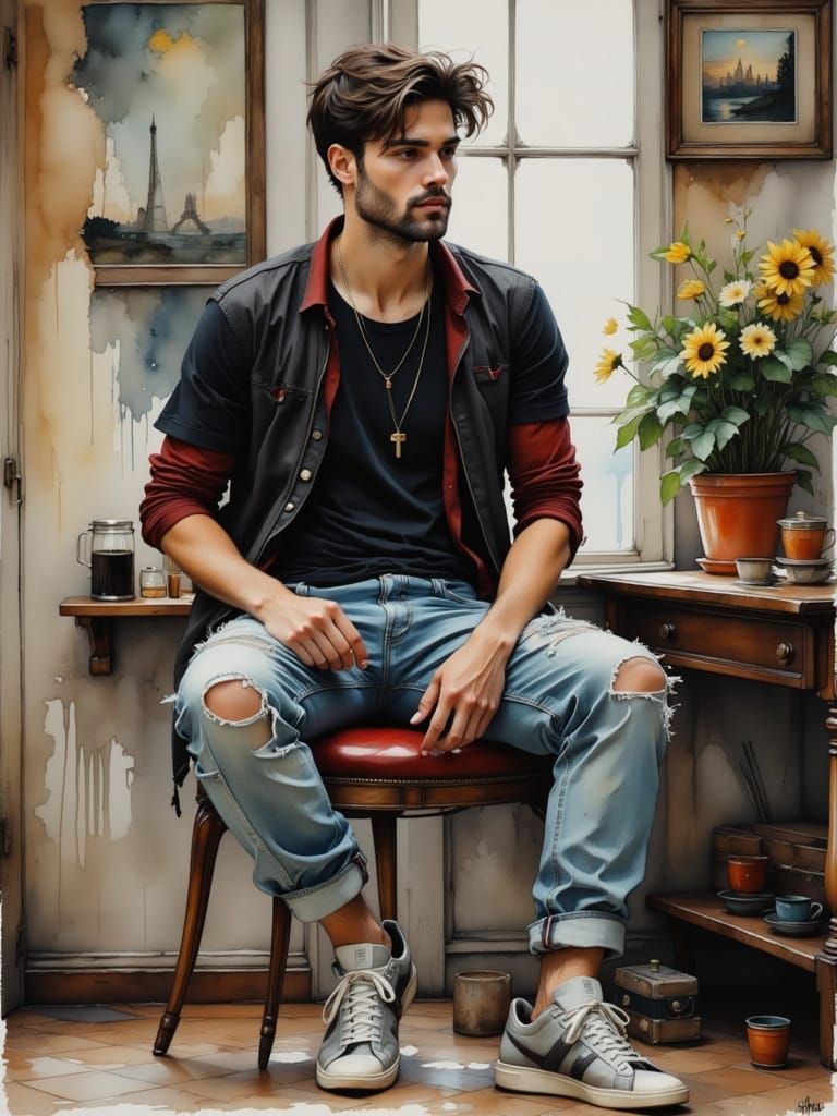 Singer on Stool with Microphone in Ink and Watercolor Style