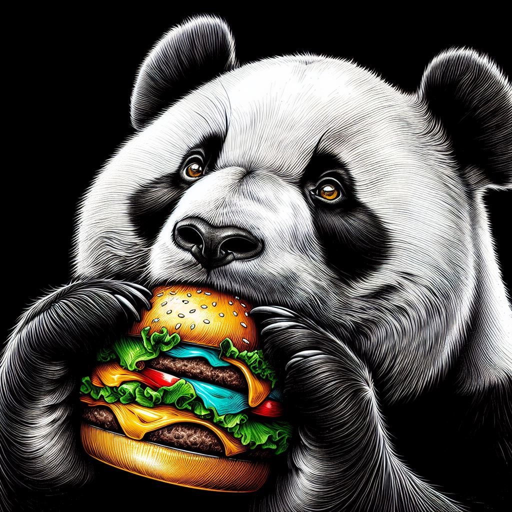 Panda eating a burger
