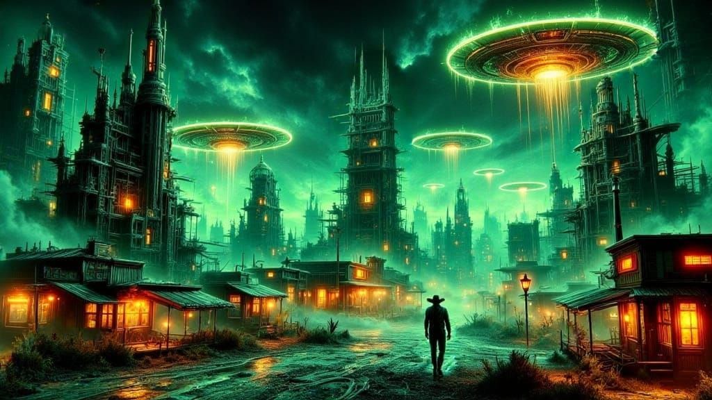 Neon UFOs over Ghost Town in Cyberpunk Style