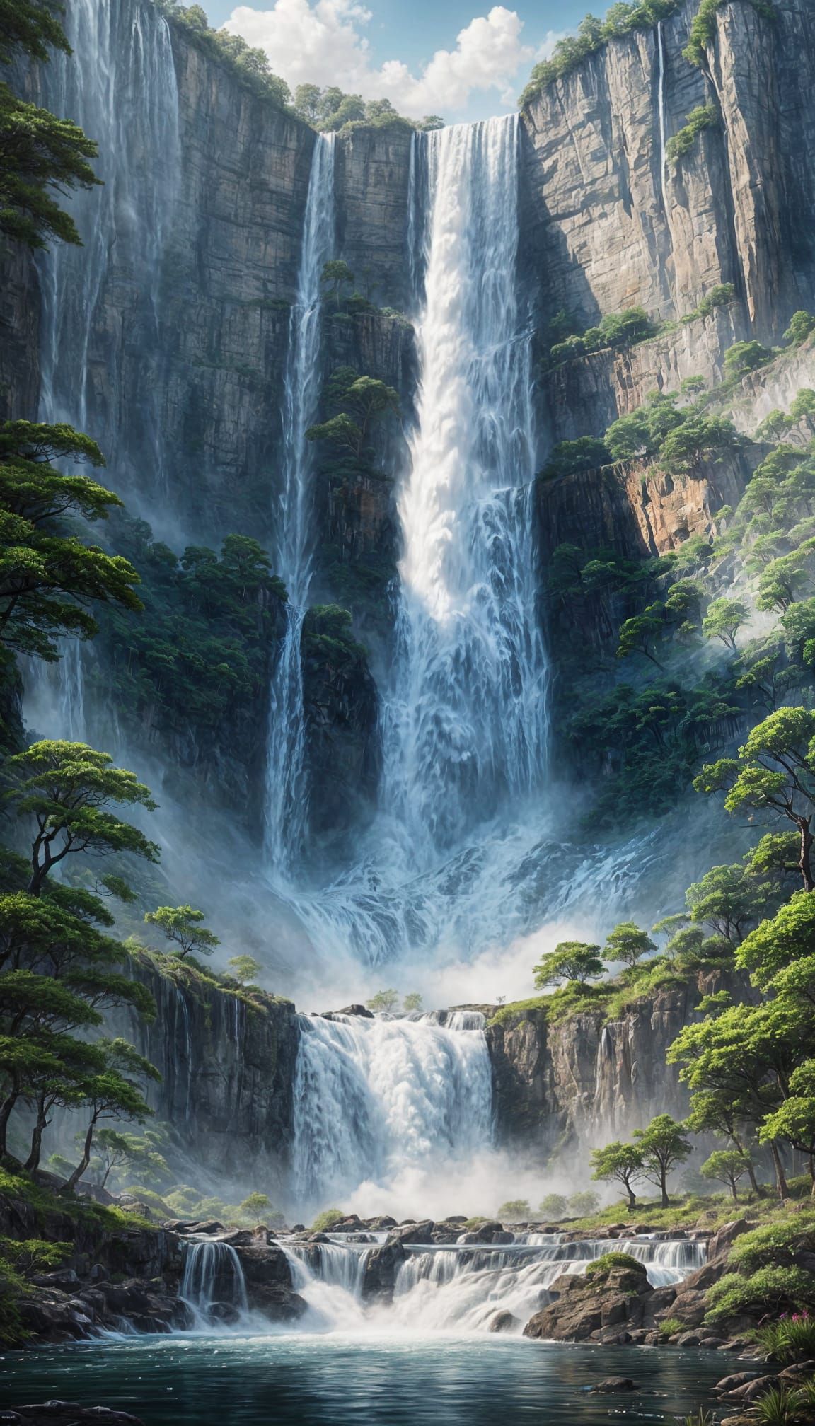 A giant waterfall in intense detail. Hyperrealistic.   by @rrruss