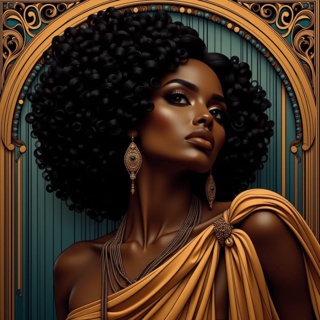 <lora:Looped In Silk:1.0>, Movie poster quality, cinematic, ultra-detailed portrait of a Black woman embodying divine elegance, adorned in l...