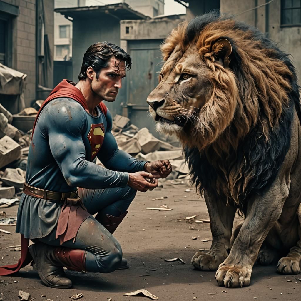 Superman with a pitiful gaze in his eyes, helping a squalid ...